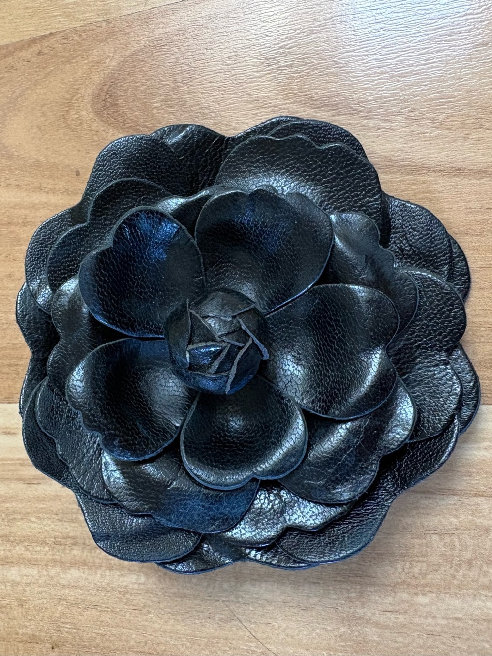 Rare Vintage Coach Made in Italy Black Leather Flower Brooch Pin 4"